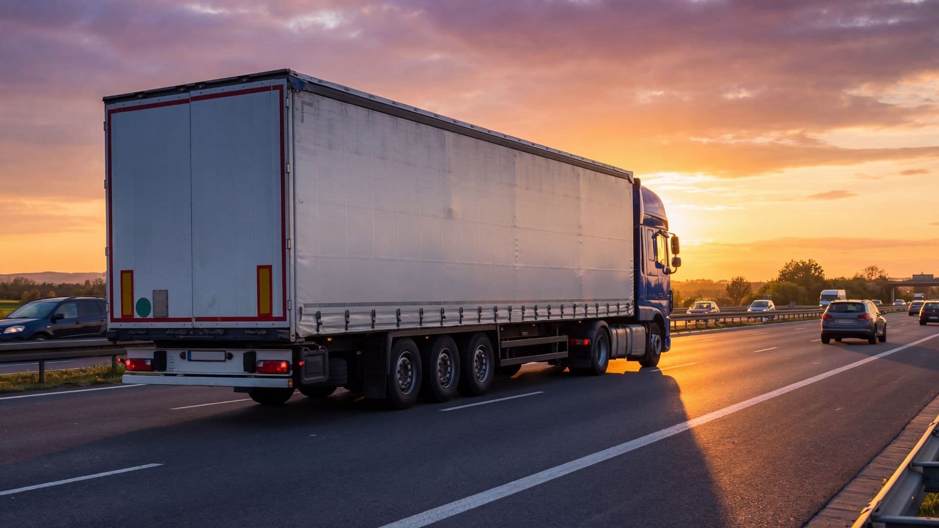 Transport ciężarówki o zachodzie słońca
